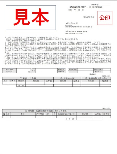 過誤納金還付・充当通知書の見本です